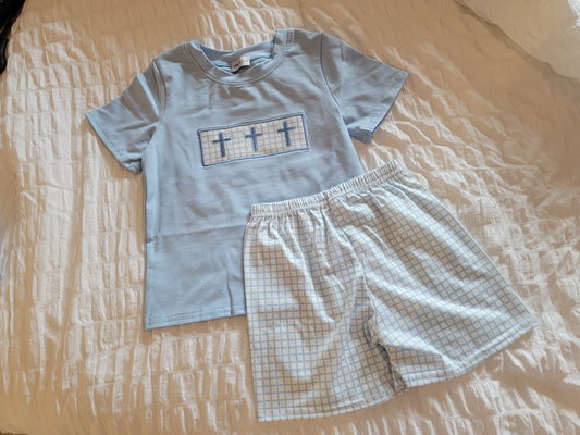 Boy's Boutique Blue Easter Cross Embroidered Gingham 2 Piece Outfit Set Matching Sibling