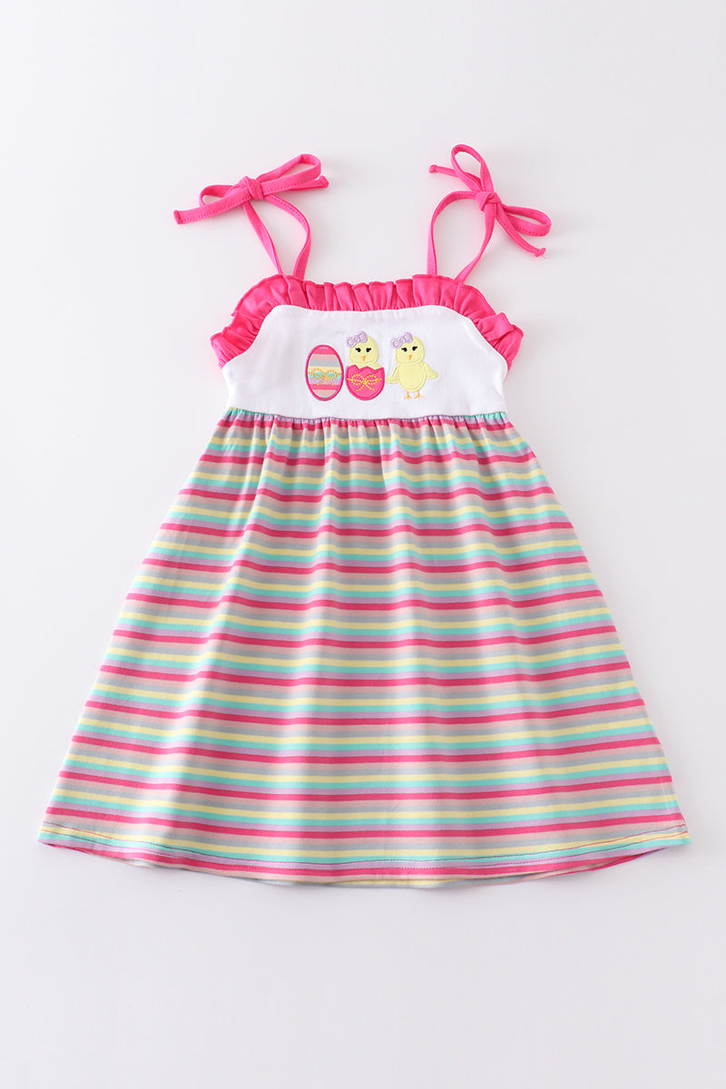 Premium Girl's Easter Egg Stripe Strap Dress Sibling Matching Embroidered Chick's Eggs