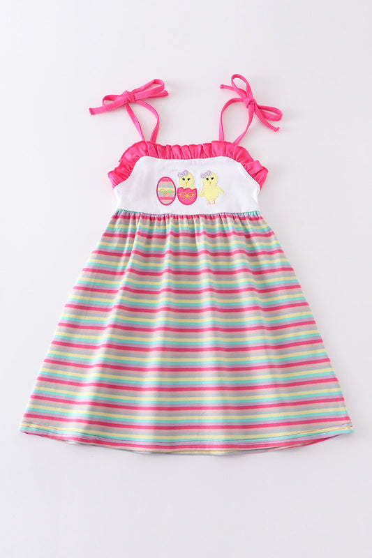 Premium Girl's Easter Egg Stripe Strap Dress Sibling Matching Embroidered Chick's Eggs