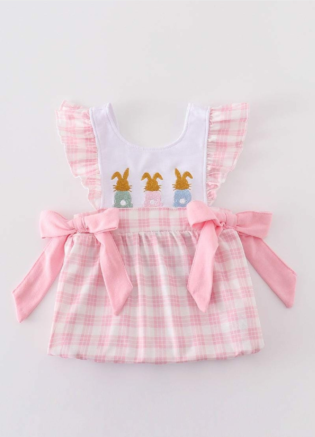 Girl's Boutique Pink Easter Bunny Bow Girl Embroidered Embroidery Bubble Romper Matching Sibling