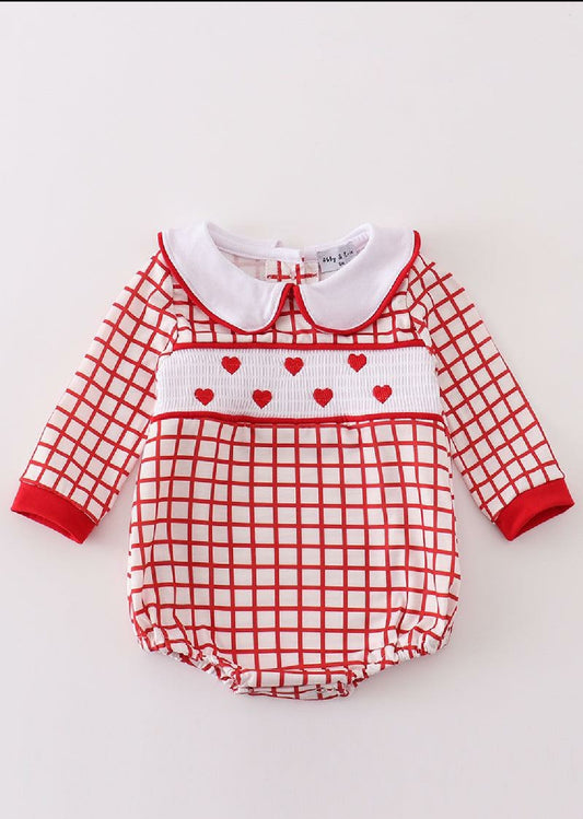 Boys Boutique Valentine's Day Smocked Heart Embroidery Embroidered Romper Matching Sibling