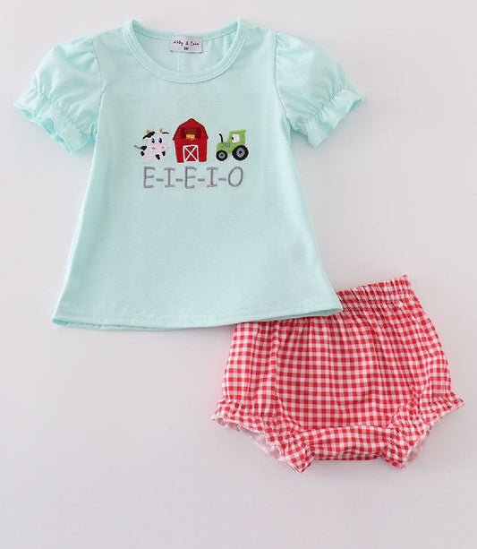 Girl's Boutique Red Farm E-I-E-I-O Applique Checkered Embroidered Embroidery 2 Piece Bloomer Set Matching Sibling