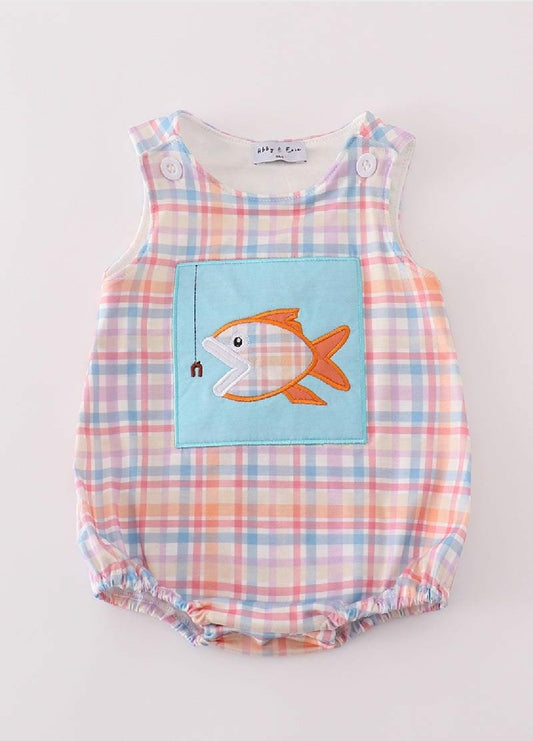 Boy's Boutique Blue Plaid Fish Embroidered Embroidery Boy Bubble Romper Sibling Matching Summer