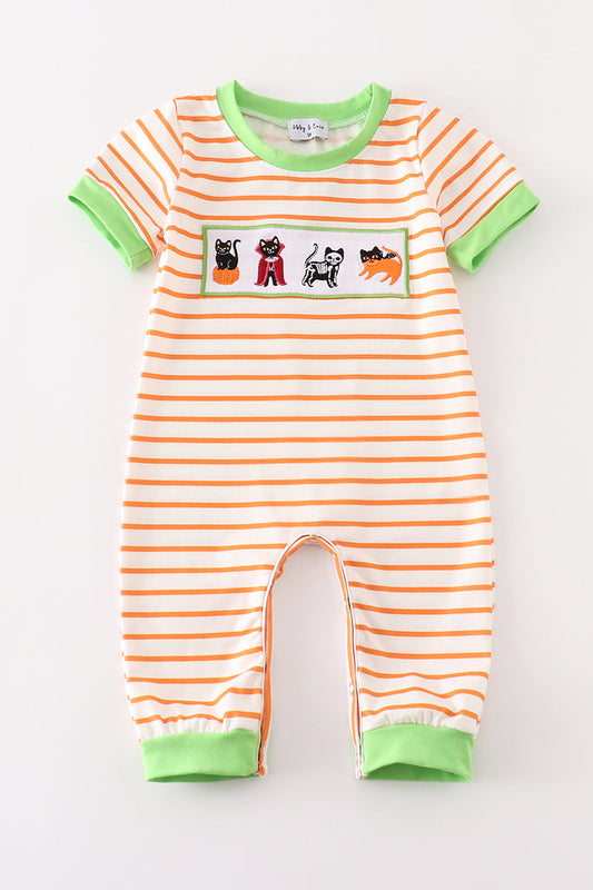 Boy's Boutique Orange And Green Cat Halloween Striped Romper Sibling Matching Size 3M