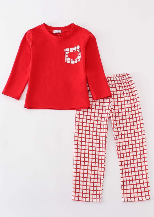 Boys Boutique Red Valentine's Day Heart Embroidery Embroidered 2 Piece Pant Set Outfit Matching Sibling