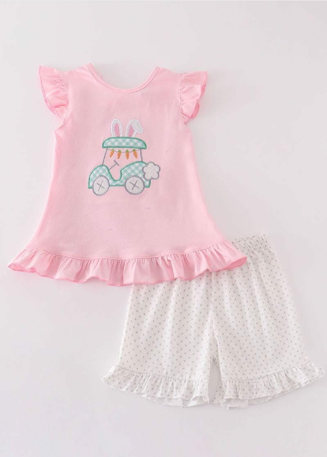 Girl's Boutique Pink Easter Bunny Golf Cart Applique 2 Piece Outfit Set Matching Sibling
