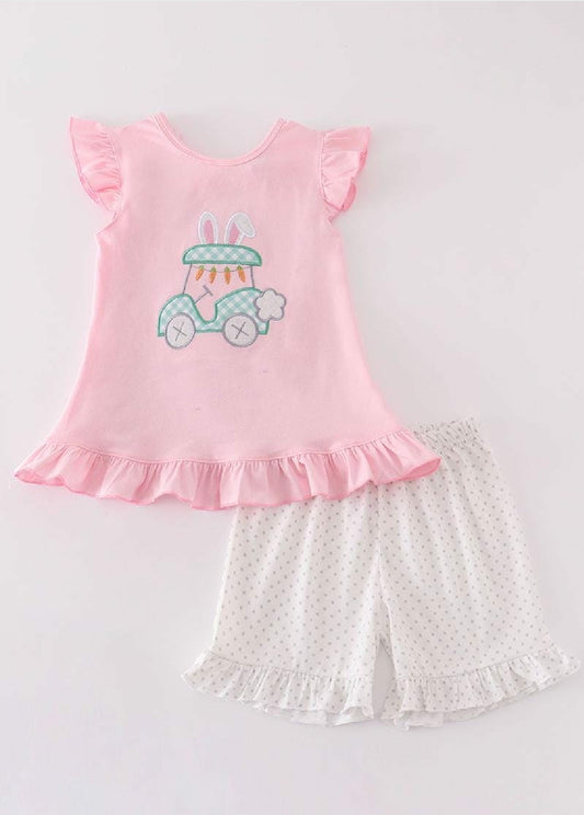 Girl's Boutique Pink Easter Bunny Golf Cart Applique 2 Piece Outfit Set Matching Sibling