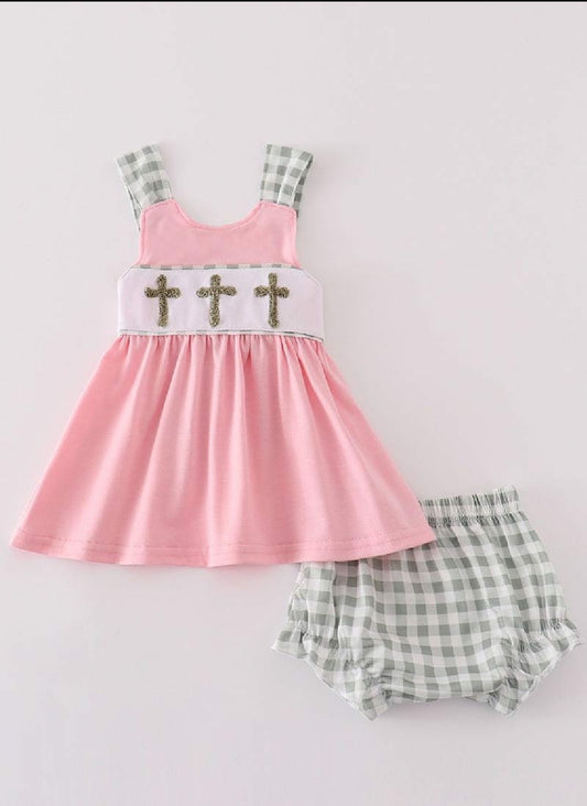 Girl's Boutique Pink Easter Cross French Knot Girl Embroidered Embroidery Two Piece Bloomer Set Outfit Matching Sibling