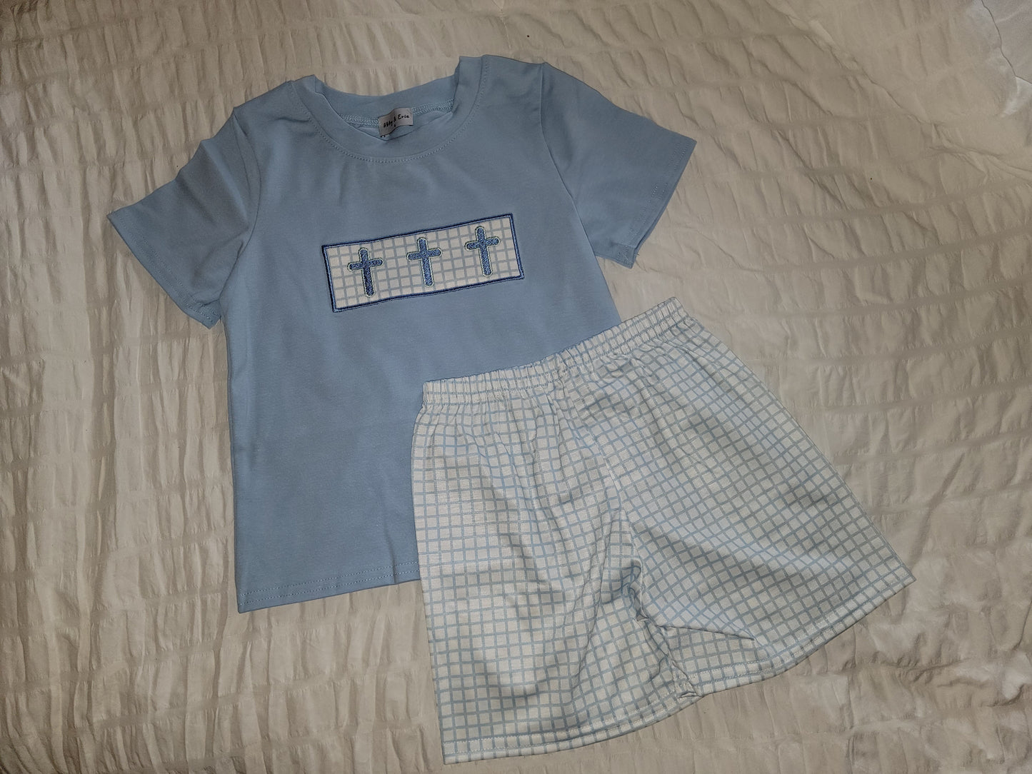 Boy's Boutique Blue Easter Cross Embroidered Gingham 2 Piece Outfit Set Matching Sibling