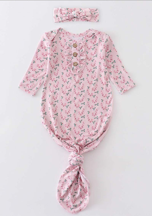 Girl's Boutique Pink Candy Cane Print Bamboo Baby Knot One Piece Outfit And Matching Headband Christmas