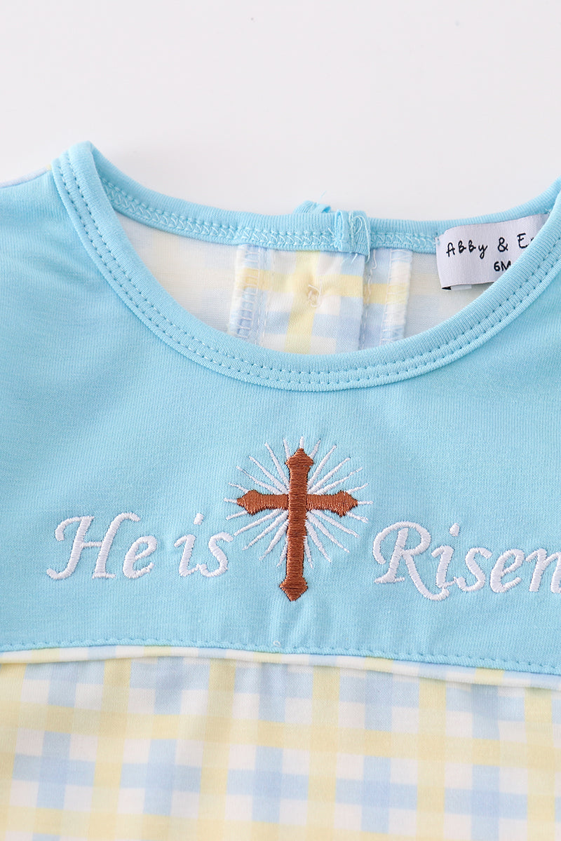 Boy's Boutique Blue & Yellow Easter He Is Risen Applique Checkered Embroidered Jon Jon Romper Outfit Matching Sibling