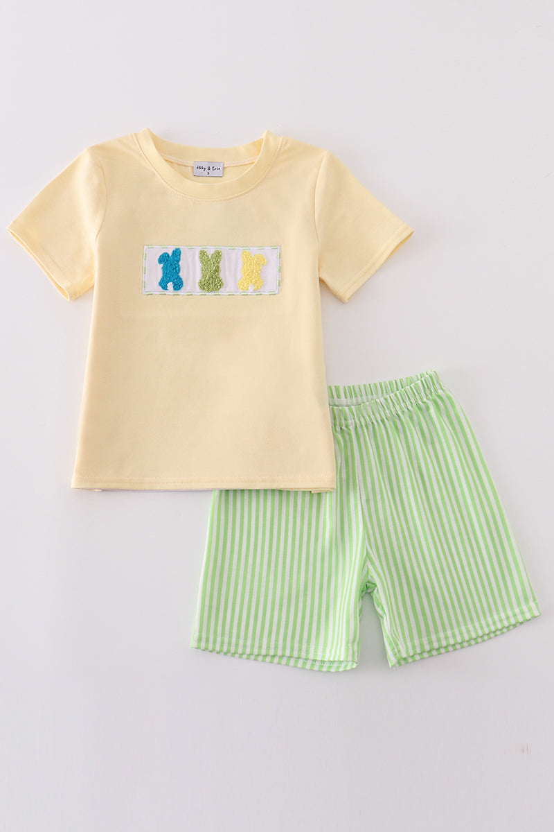 Boy's Boutique Easter French Knot Bunny Bunnies Applique Embroidered Embroidery Two Piece Short Outfit Matching Sibling
