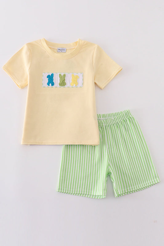 Boy's Boutique Easter French Knot Bunny Bunnies Applique Embroidered Embroidery Two Piece Short Outfit Matching Sibling