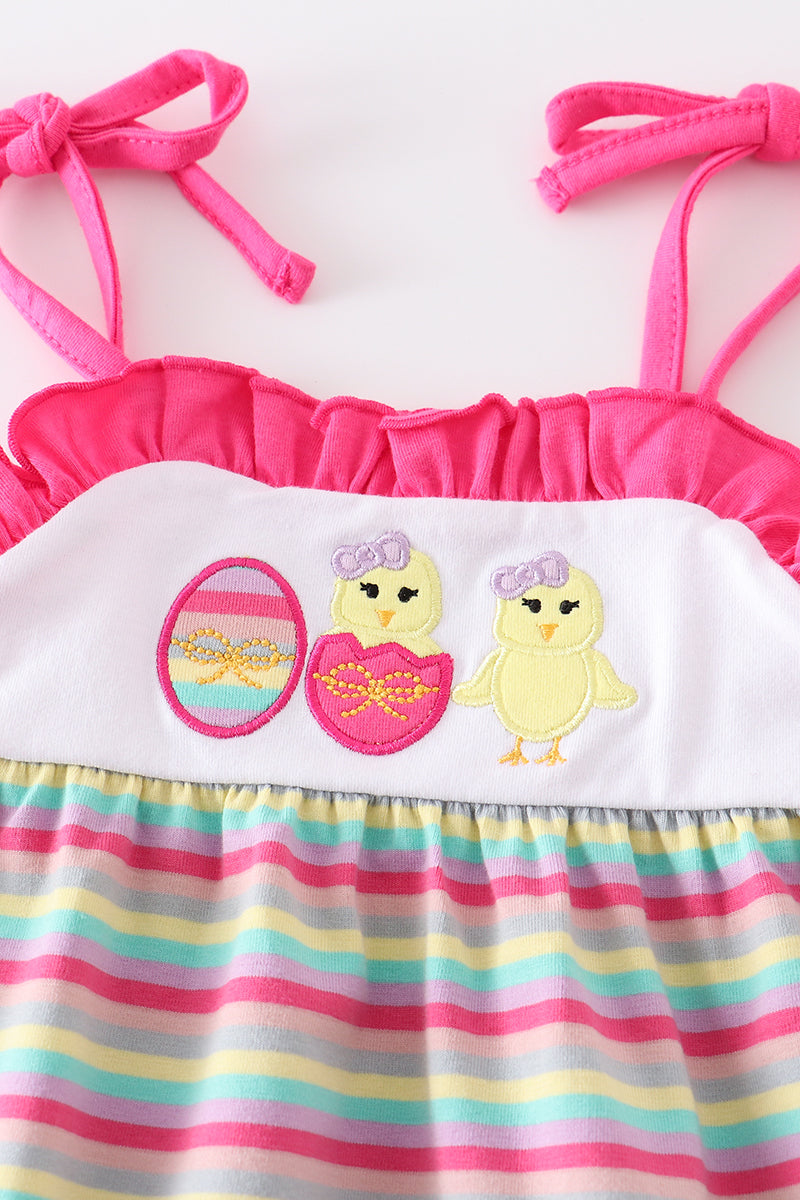 Premium Girl's Easter Egg Stripe Strap Bubble Romper Sibling Matching Embroidered Chick's Eggs