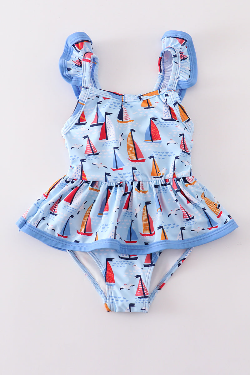 Abby & Evie Girl's Boutique Blue Sailboat Ruffle One Piece Swimsuit Matching Sibling