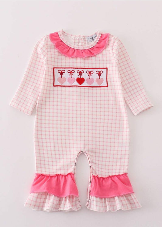 Girl's Boutique Pink Plaid Valentine Heart Applique Embroidery Embroidered Romper Matching Sibling