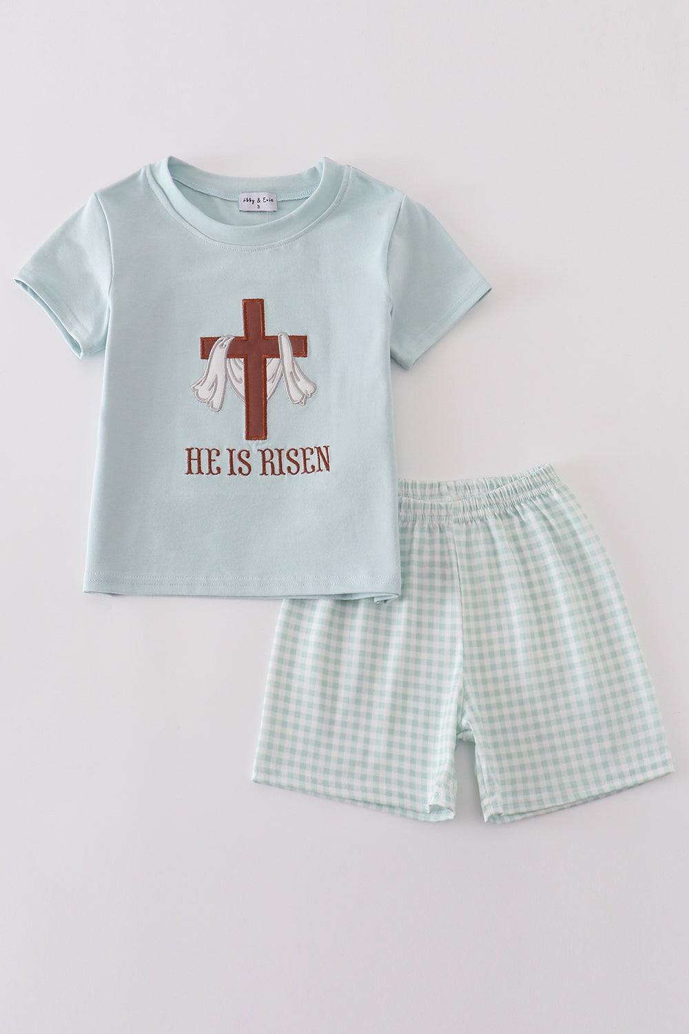 Abby & Evie Boy's Boutique Easter He Is Risen Applique Embroidered Embroidery Two Piece Short Outfit Matching Sibling