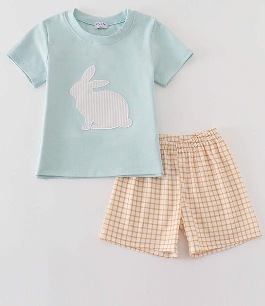 Boy's Boutique Mint Bunny Embroidery Checkered Embroidered Two Piece Short Outfit Matching Sibling