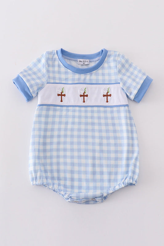 Boy's Blue Easter Cross Embroidered Gingham Bubble Romper Outfit Matching Sibling