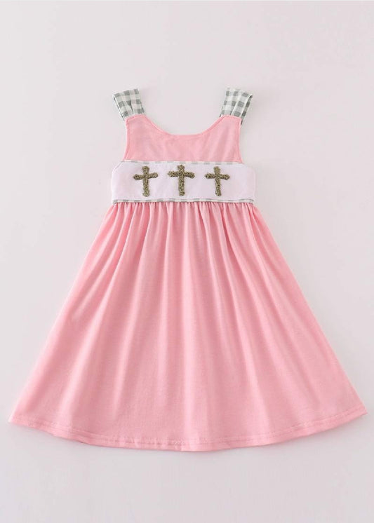 Girl's Boutique Pink Easter Cross French Knot Girl Embroidered Embroidery Dress Matching Sibling