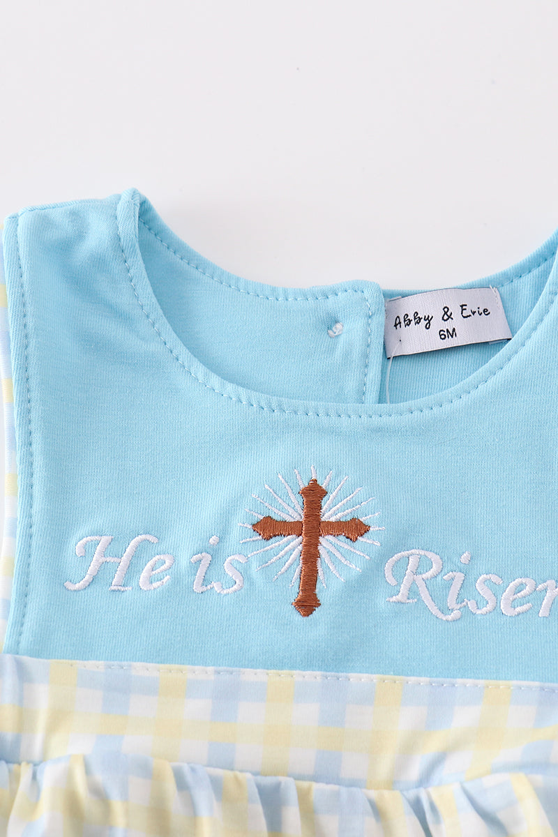 Boy's Boutique Blue And Yellow Easter He Is Risen Applique Checkered Embroidered Embroidery Romper Outfit Matching Sibling