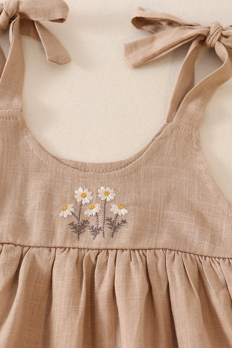 Petal & Pine Girl's Boutique Beige Floral Embroidered Linen Ruffle Strap Bubble Button Dress Matching Sibling