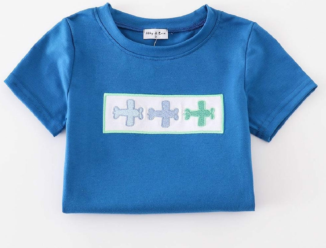Boy's Boutique Blue Airplane T Shirt Sibling Matching Summer Plaid Embroidered Embroidery