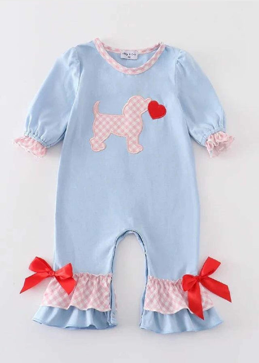 Girl's Boutique Blue Puppy Valentine Heart Applique Embroidery Embroidered Romper Matching Sibling