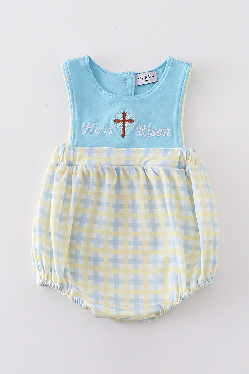 Boy's Boutique Blue And Yellow Easter He Is Risen Applique Checkered Embroidered Embroidery Romper Outfit Matching Sibling