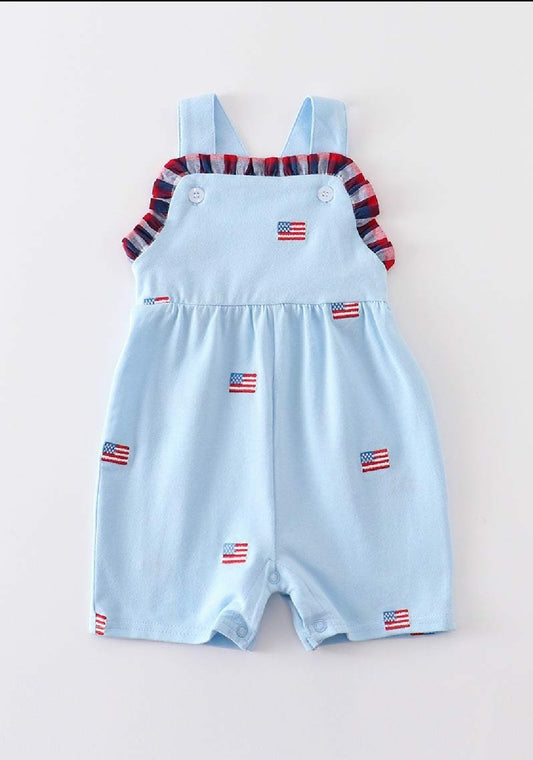 Boy's or Girl's Boutique Premium Blue Flag Patriotic  4th Of July Embroidered Jon Jon Romper Matching Sibling