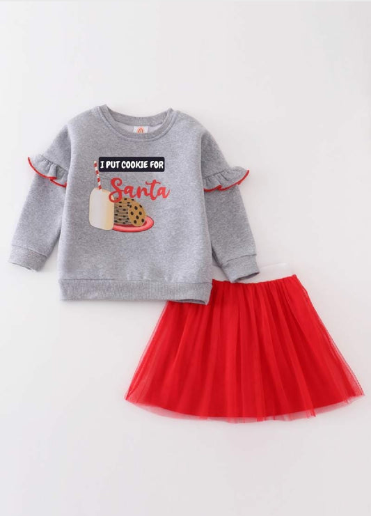 Girl's Boutique Premium Grey Red Milk Cookie Santa Skirt Sweater Set Sibling Matching