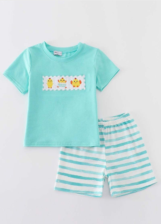 Boy's Boutique Easter Chick Egg Smocked Two Piece Short Set Outfit Sibling Matching Embroidered Embroidery
