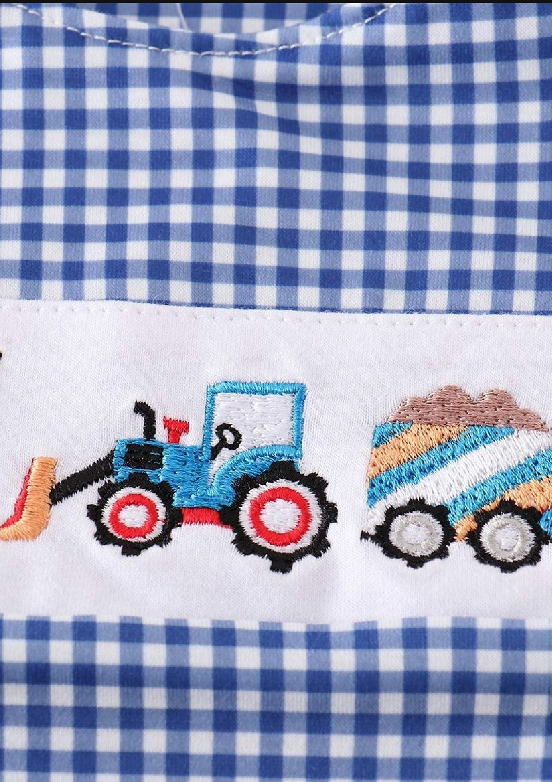 Boy's Boutique Blue Vehicle Truck Construction JonJon Romper Sibling Matching Summer Plaid Embroidered Embroidery