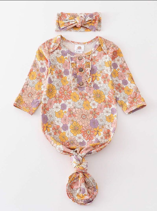 Girl's Boutique Mustard And Purple Spring Floral Print Baby Knot One Piece Outfit And Matching Headband
