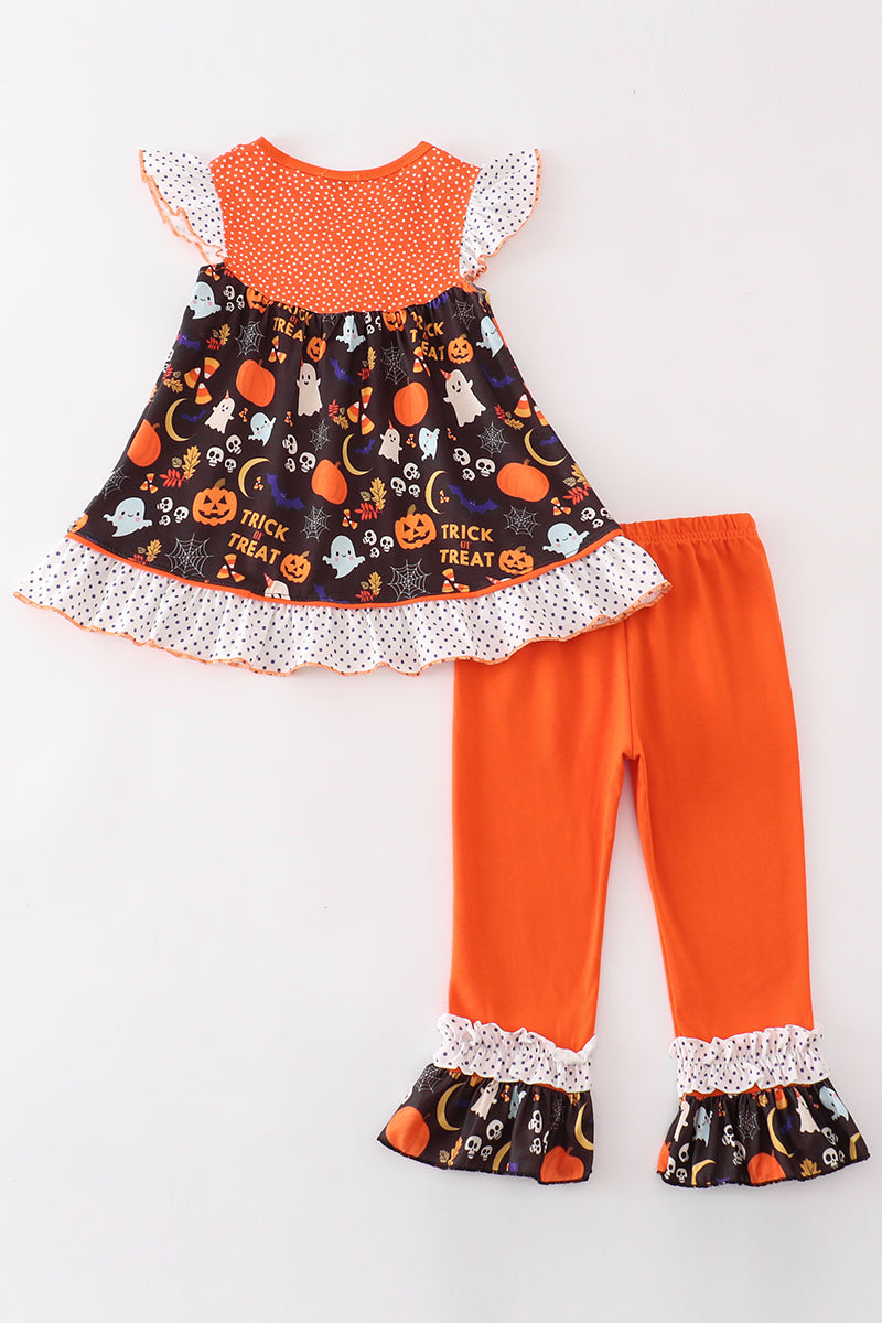 Abby & Evie Girl's Boutique Orange Trick Or Treat Halloween Candy Corn 2 Two Piece Set Sibling Matching