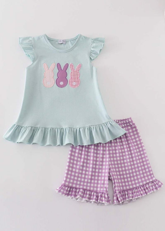 Girl's Boutique Easter Purple Bunny Applique Knot Two Piece Set Sibling Matching Embroidered Embroidery