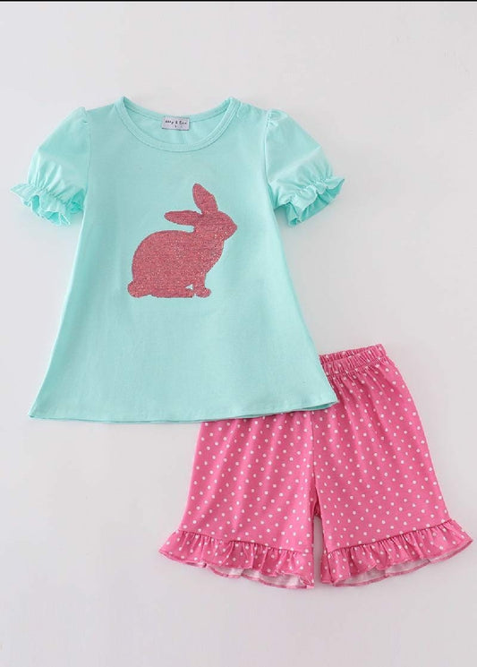 Girl's Boutique Mint Easter Sequin Pink Bunny Two Piece Short Set Outfit Matching Sibling
