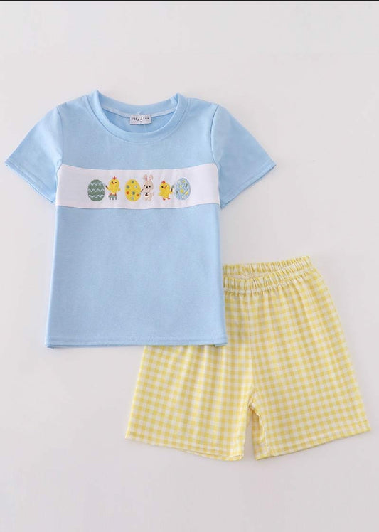 Boy's Boutique Yellow Bunny Egg Embroidery Checkered Embroidered Two Piece Short Outfit Matching Sibling