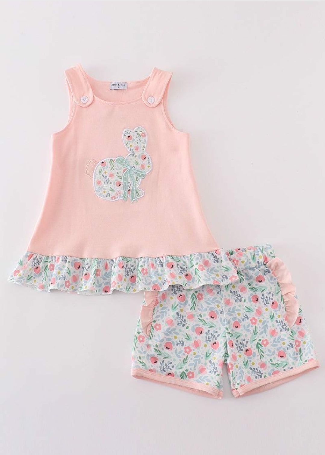Girl's Boutique Pink Easter Bunny Floral Applique Embroidered Embroidery Short Set Matching Sibling