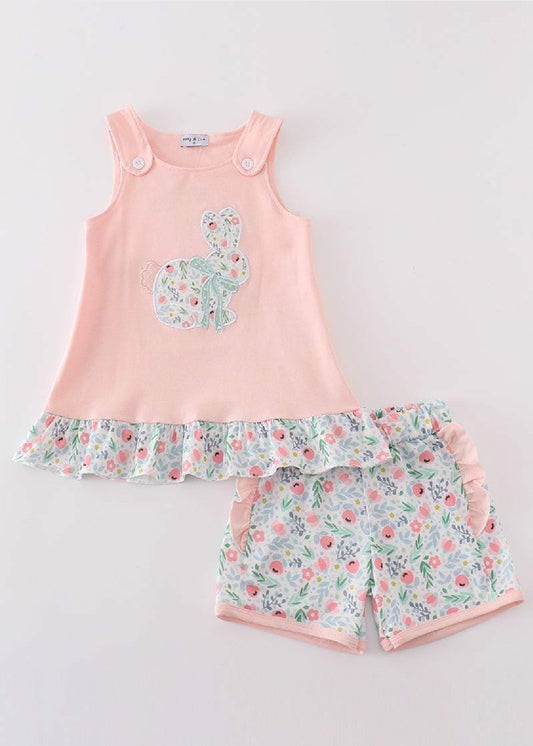 Girl's Boutique Pink Easter Bunny Floral Applique Embroidered Embroidery Short Set Matching Sibling
