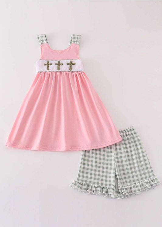 Girl's Boutique Pink Easter Cross French Knot Girl Embroidered Embroidery Two Piece Set Outfit Matching Sibling