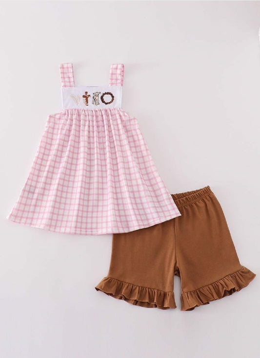 Girl's Boutique Pink Easter Cross  Lamb Girl Embroidered Embroidery Two Piece Short Set Outfit Matching Sibling