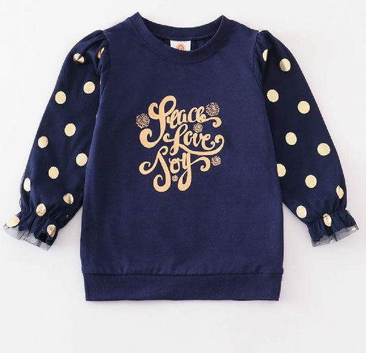 Girl's Boutique Premium Navy Polka Dot Peace Love Joy Party Top Winter Christmas Matching Sibling
