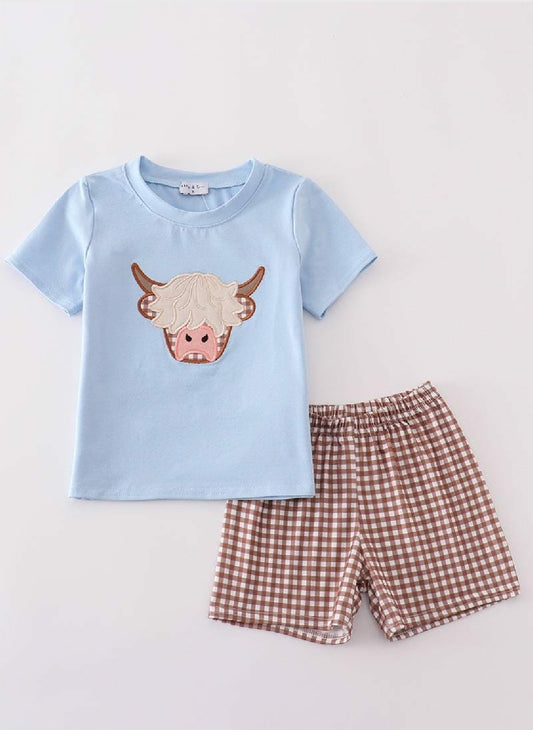 Boy's Boutique Blue Highland Cow Applique Embroidered Embroidery Two Piece Short Set Outfit Matching Sibling
