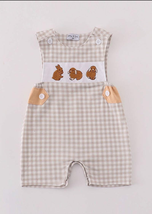 Boy's Boutique Easter Tan Bunny Bunnies Applique Embroidered Embroidery JonJon Romper Outfit Matching Sibling