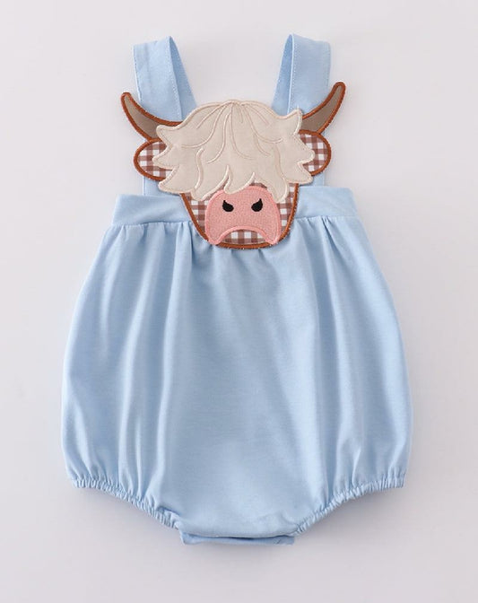 Boy's Boutique Blue Highland Cow Applique Embroidered Embroidery Romper Outfit Matching Sibling