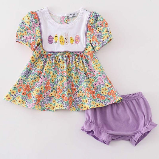 Girl's Boutique Easter Floral Bunny Egg Embroidered Embroidery Two Piece Short Set Outfit Matching Sibling