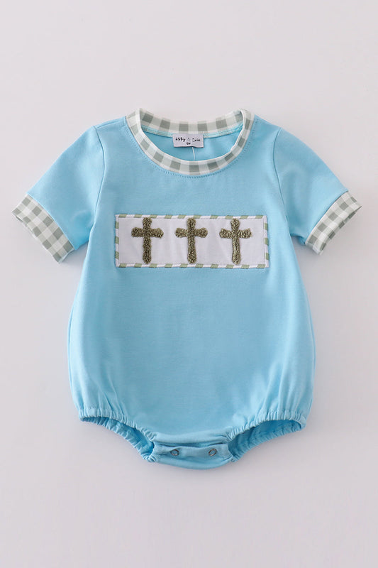 Boy's Boutique Green Blue Easter Cross French Knot Embroidered Embroidery Gingham Romper Matching Sibling