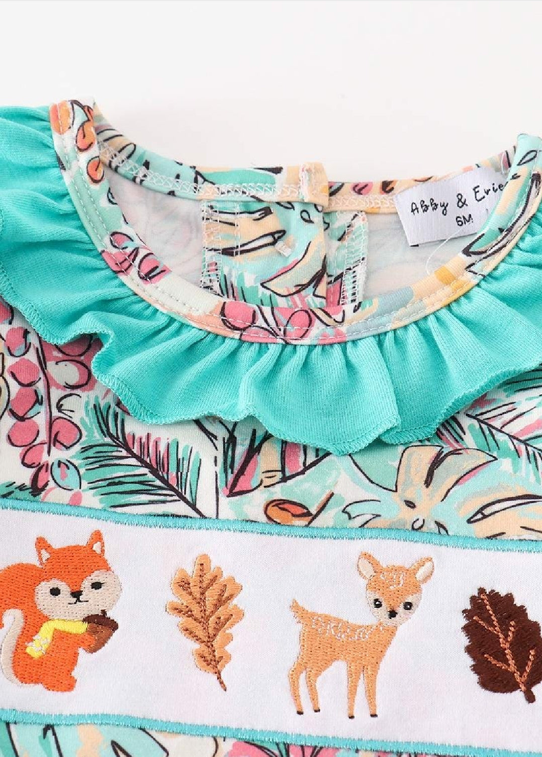Girl's Boutique Teal Floral Print Forest Animal Embroidered Embroidery BABY Toddler Jumper Romper One Piece Matching Sibling