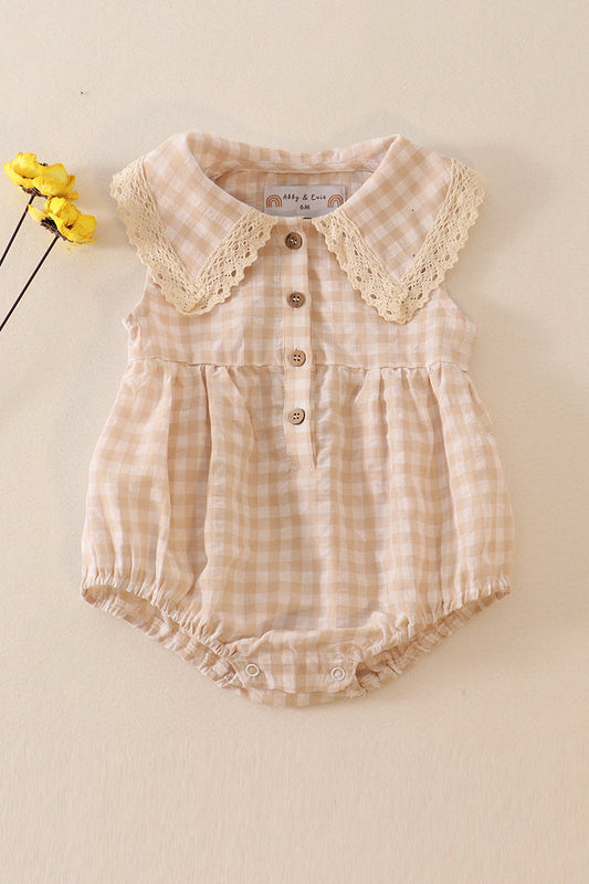 Girl's Boutique Cream Plaid Linen Button Down Checkered Flannel Lace Bubble Romper Matching Sibling